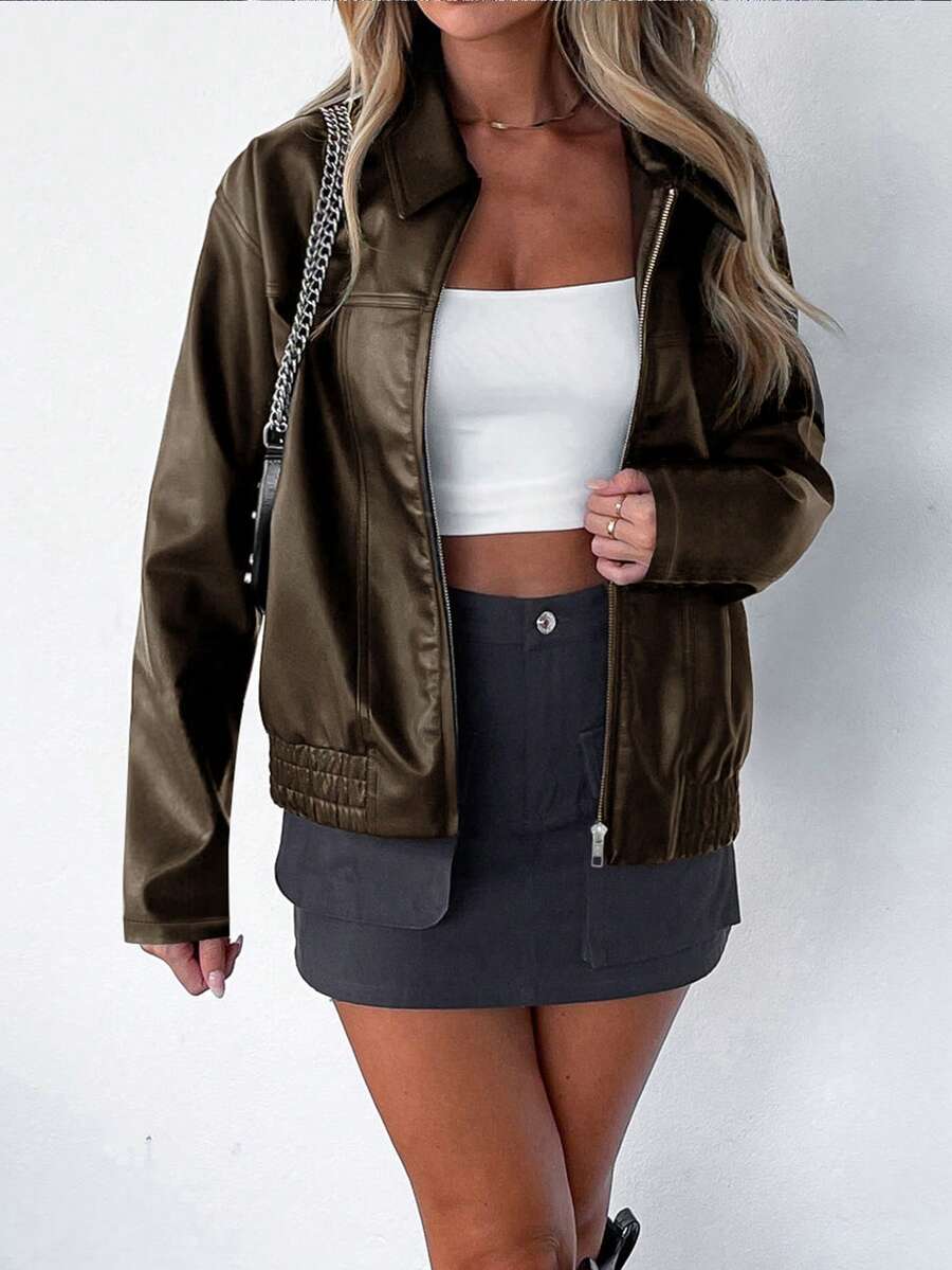 Women's Oversized Faux Leather Bomber Jacket