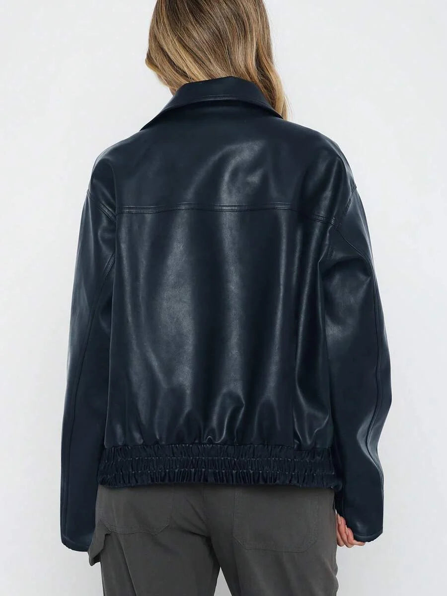 Women's Oversized Faux Leather Bomber Jacket