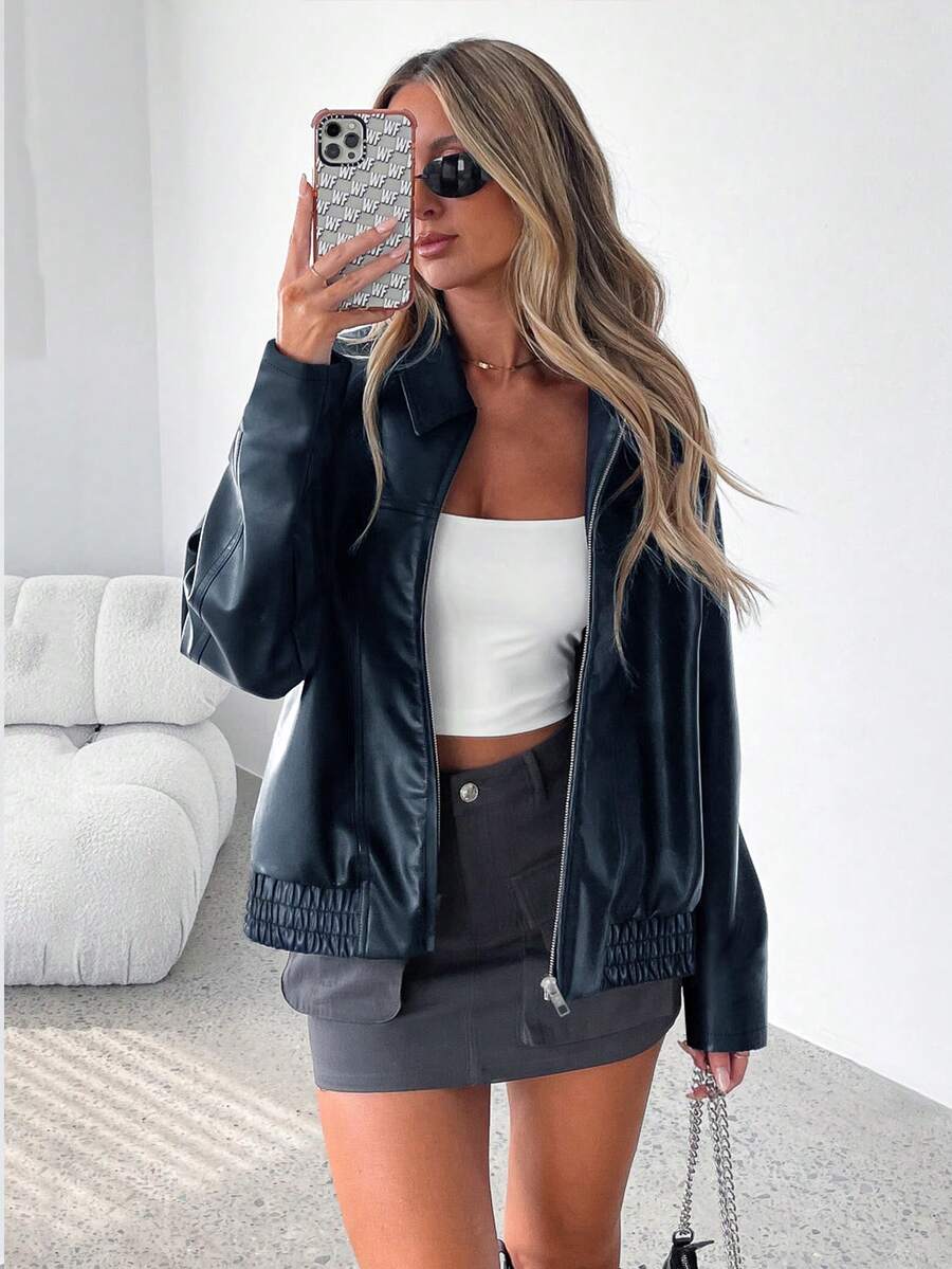 Women's Oversized Faux Leather Bomber Jacket