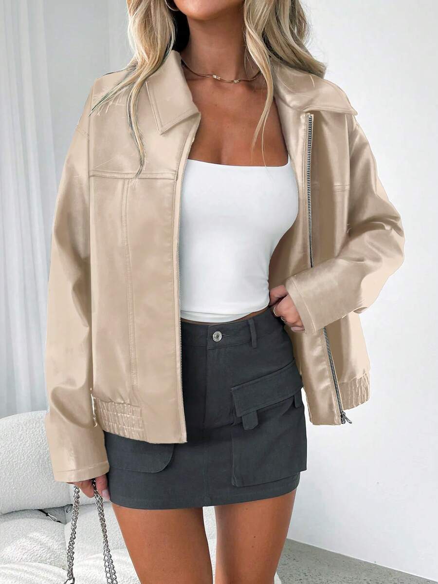 Women's Oversized Faux Leather Bomber Jacket