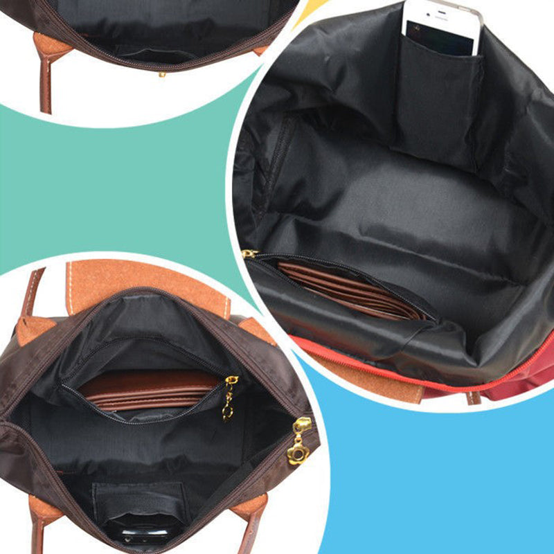 Foldable Nylon Tote Bag with Leather Trim Handles
