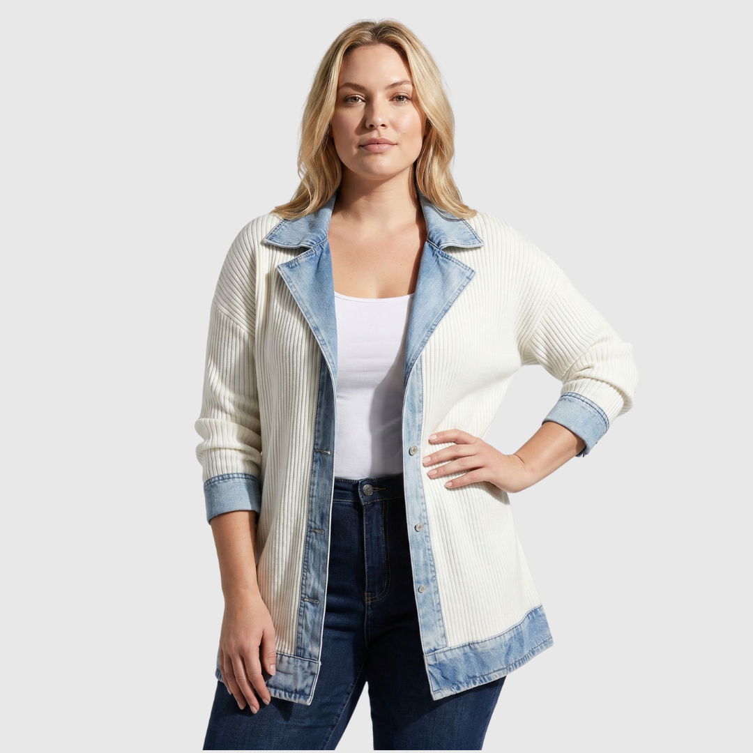 Knit Jacket with Denim Trim and Button-Front Design