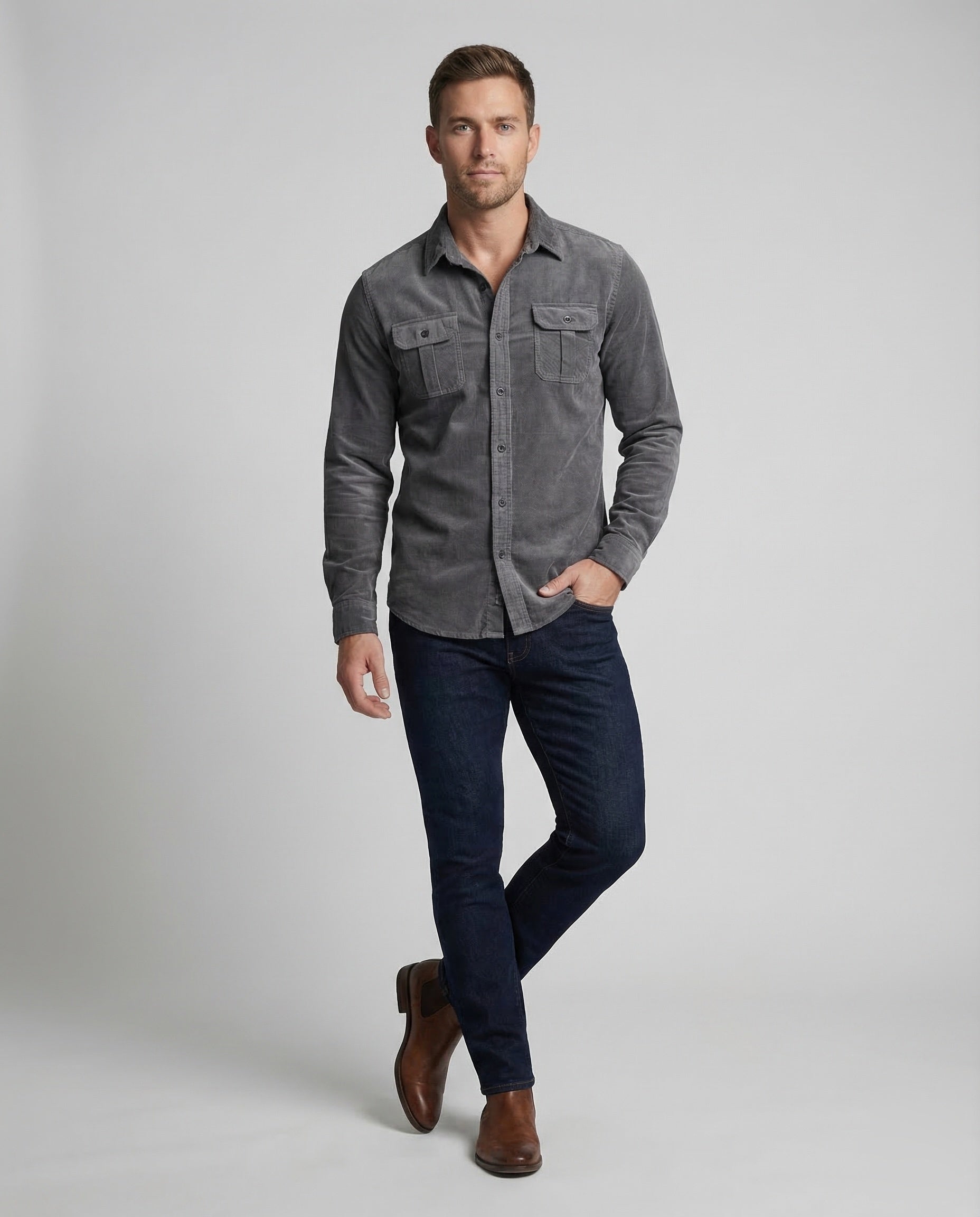 Men's Corduroy Button-Down Shirt with Chest Pockets