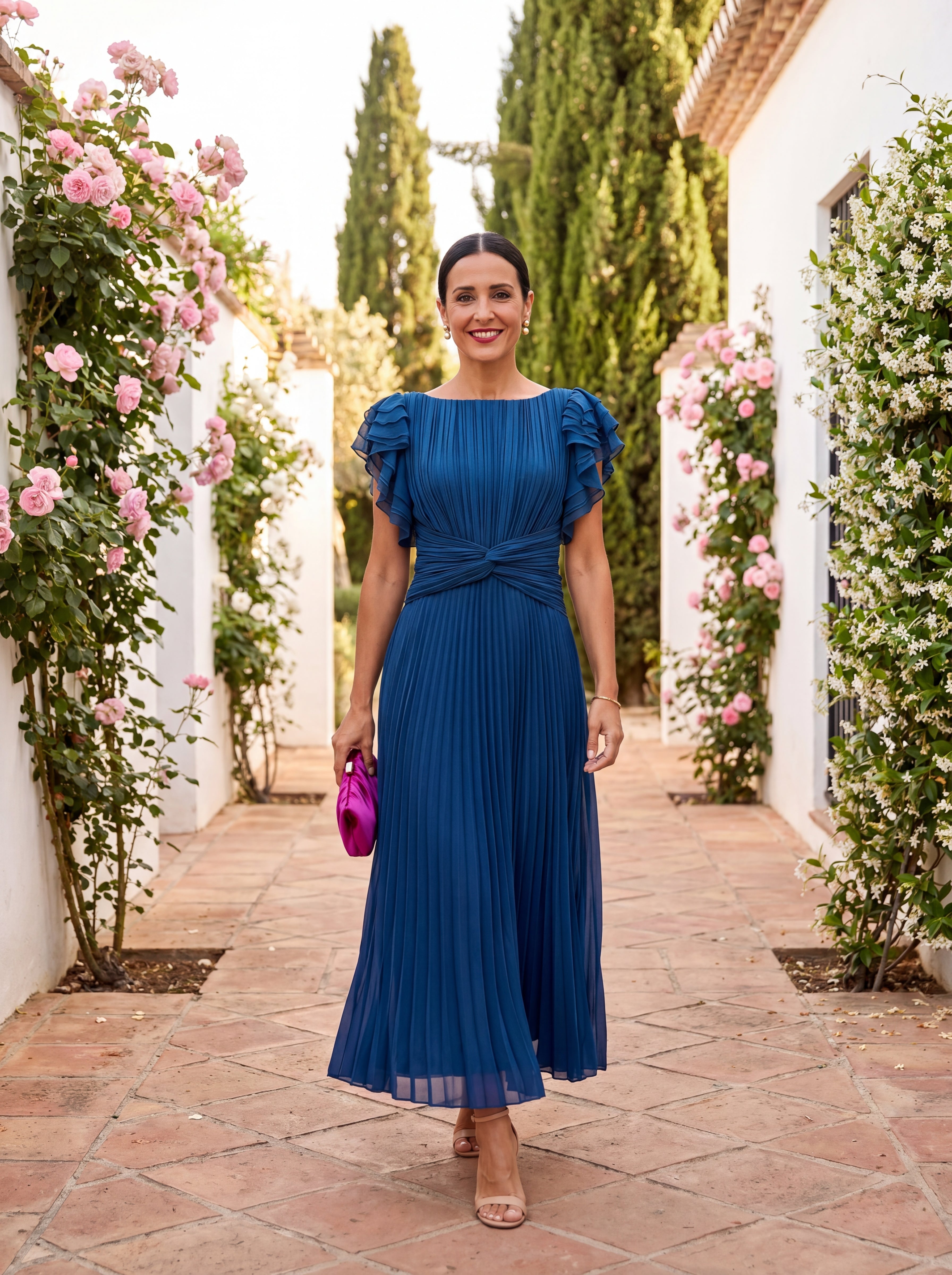 Women's Pleated Flutter Sleeve Midi Dress