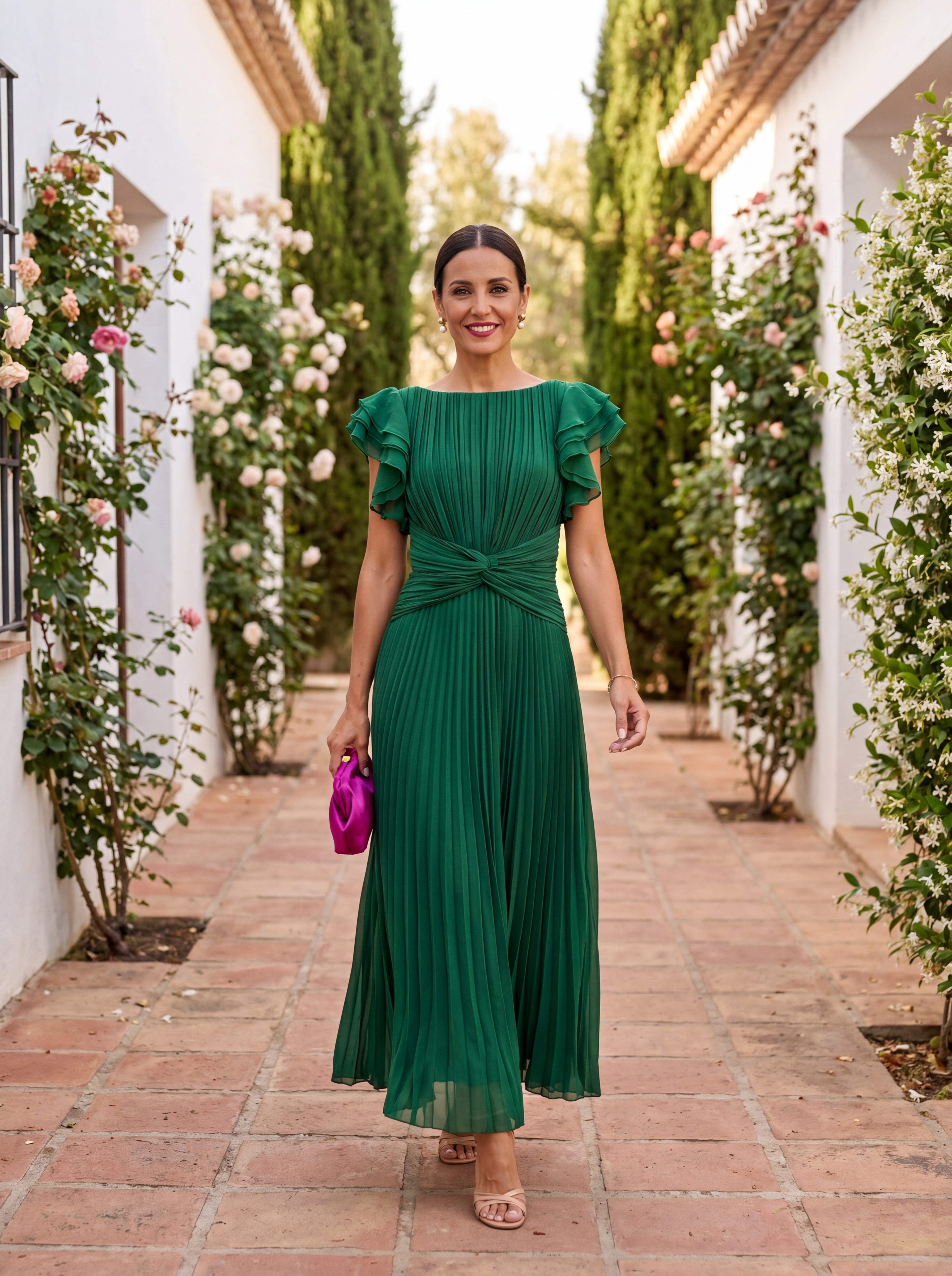 Women's Pleated Flutter Sleeve Midi Dress