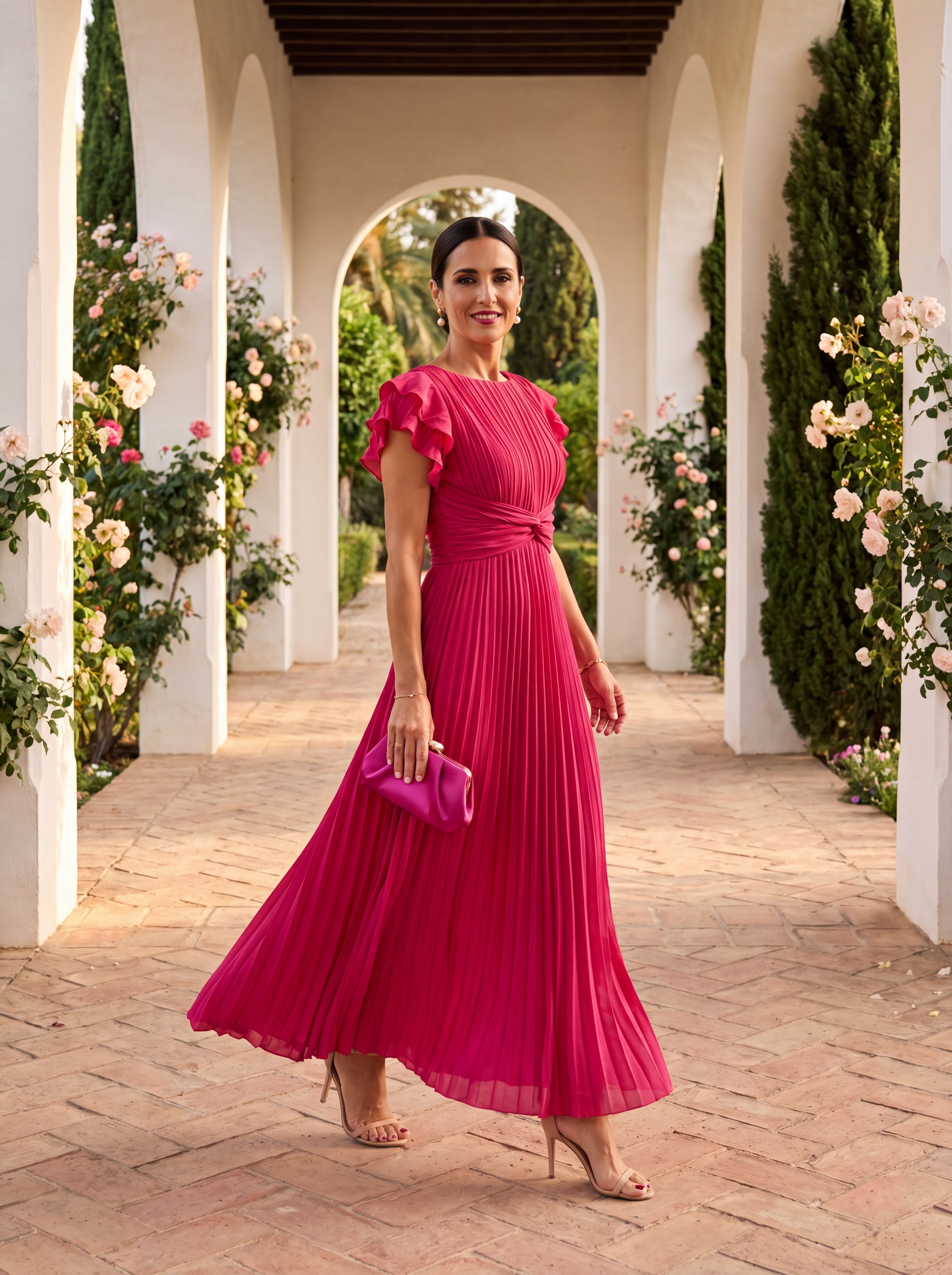 Women's Pleated Flutter Sleeve Midi Dress