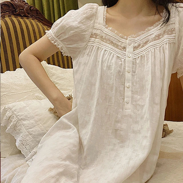 Cotton Nightdress with Lace Trim and Puff Sleeves