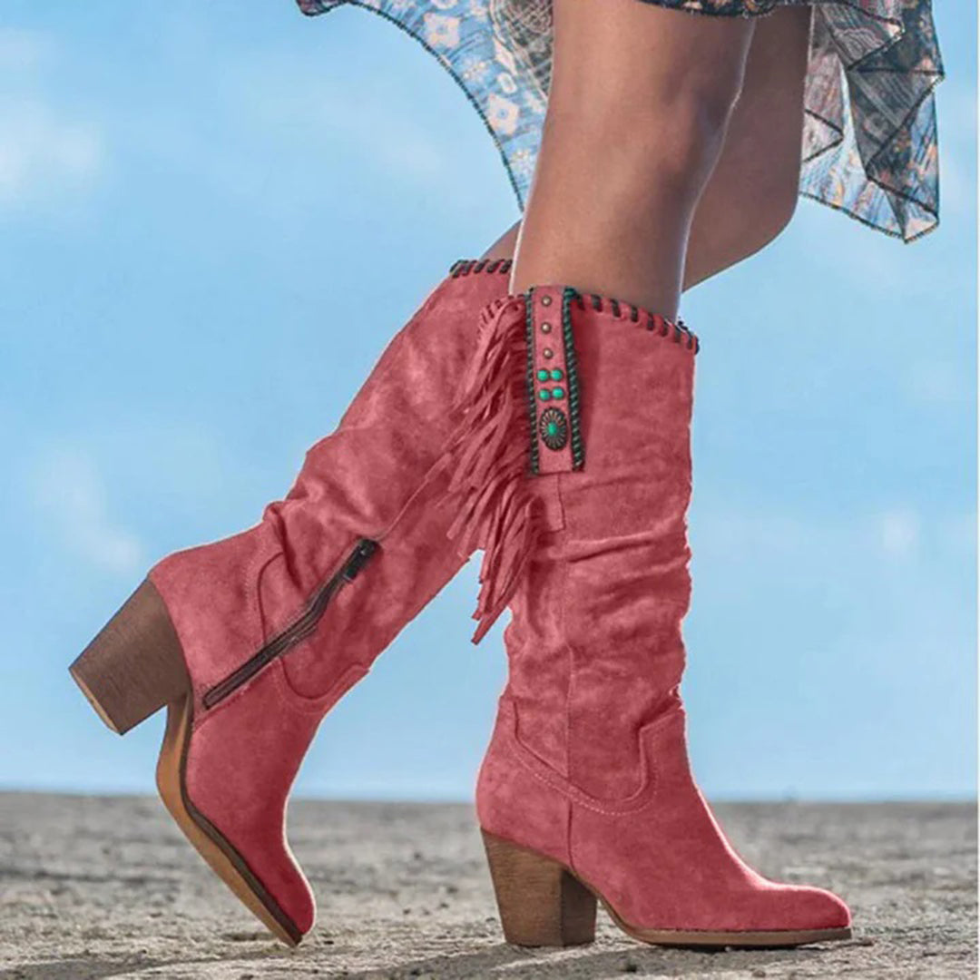 Bottes western bohème à franges pour femmes, mi-mollet