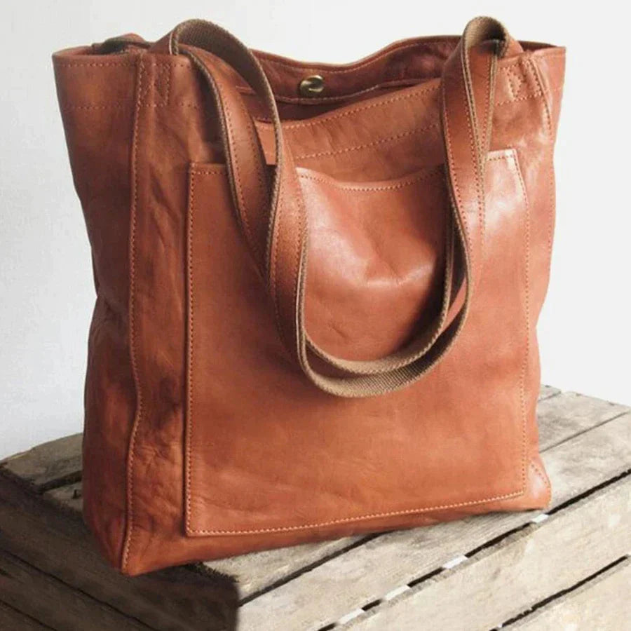 Leather Tote Bag with Front Pocket and Shoulder Straps