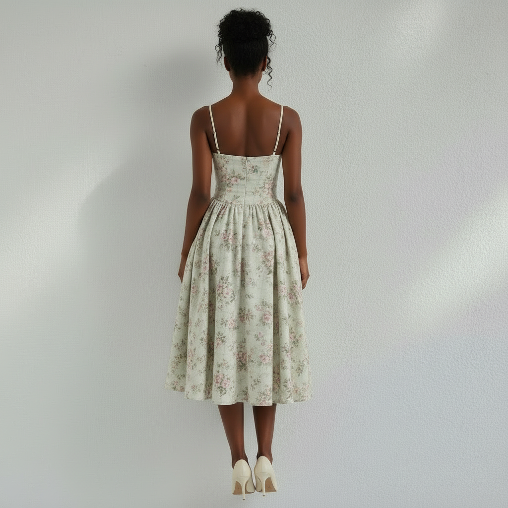 Corset Midi Dress in Cotton with Pleated Full Skirt