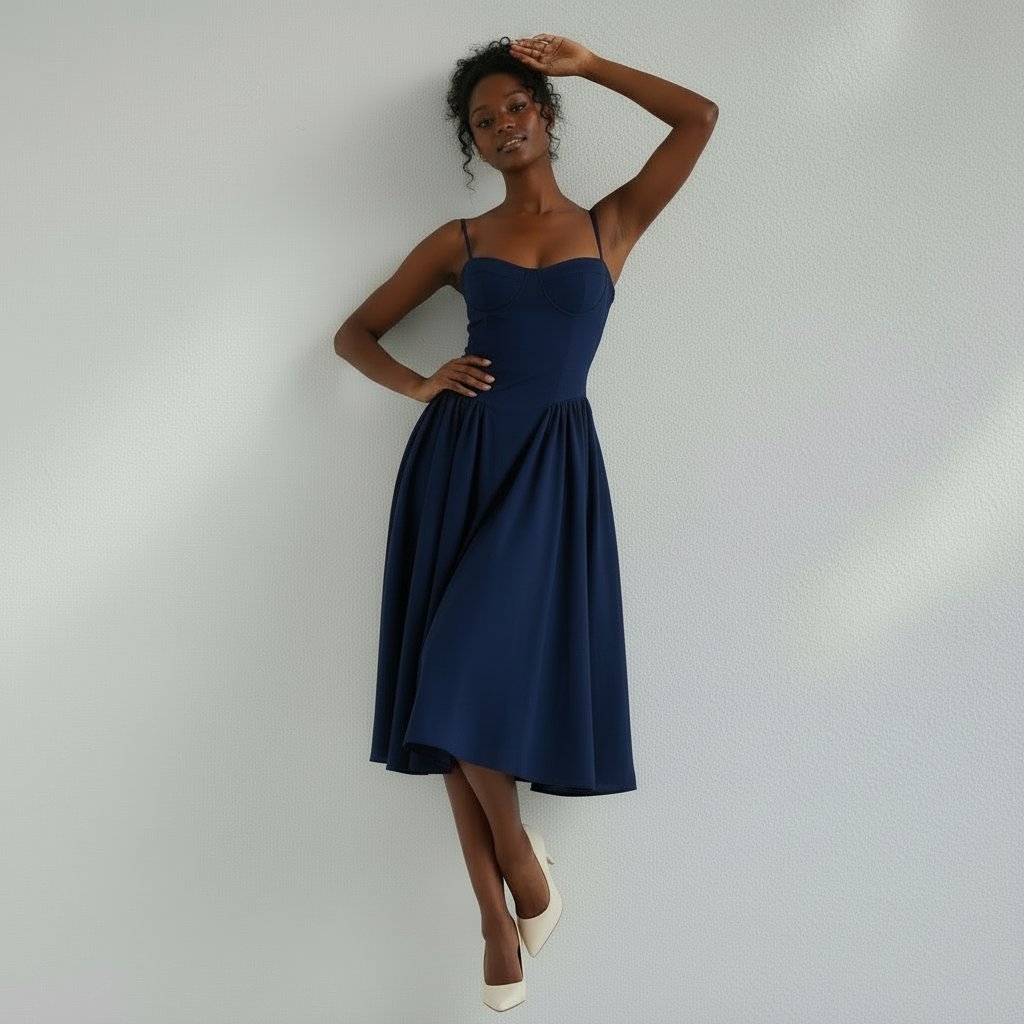 Corset Midi Dress in Cotton with Pleated Full Skirt