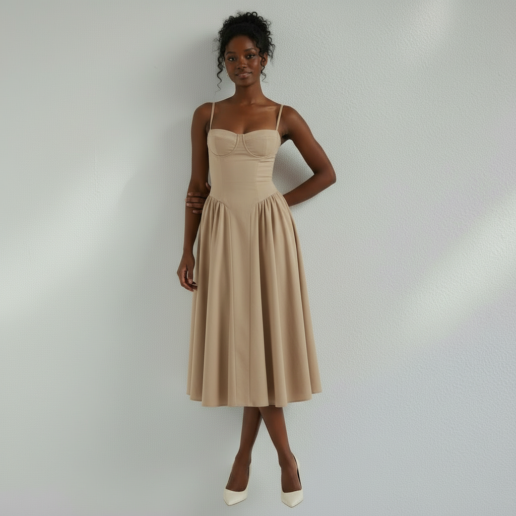 Corset Midi Dress in Cotton with Pleated Full Skirt