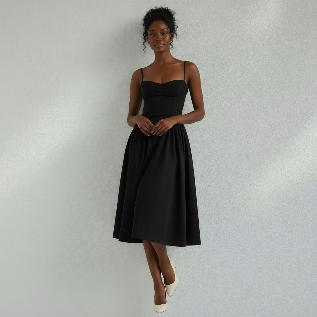 Corset Midi Dress in Cotton with Pleated Full Skirt
