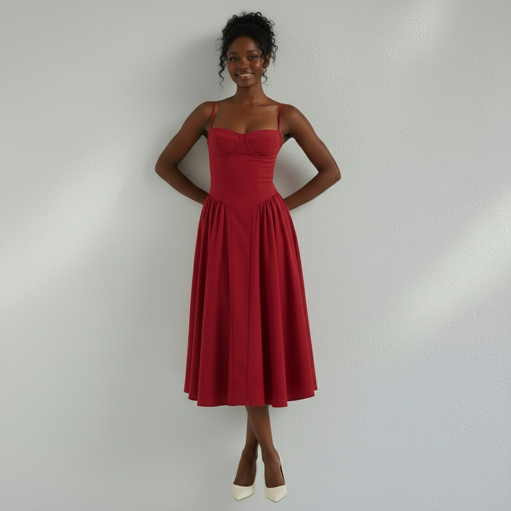 Corset Midi Dress in Cotton with Pleated Full Skirt