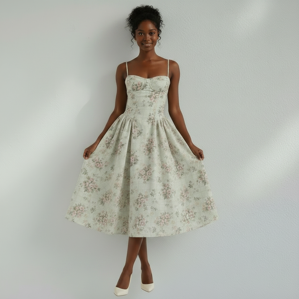 Corset Midi Dress in Cotton with Pleated Full Skirt