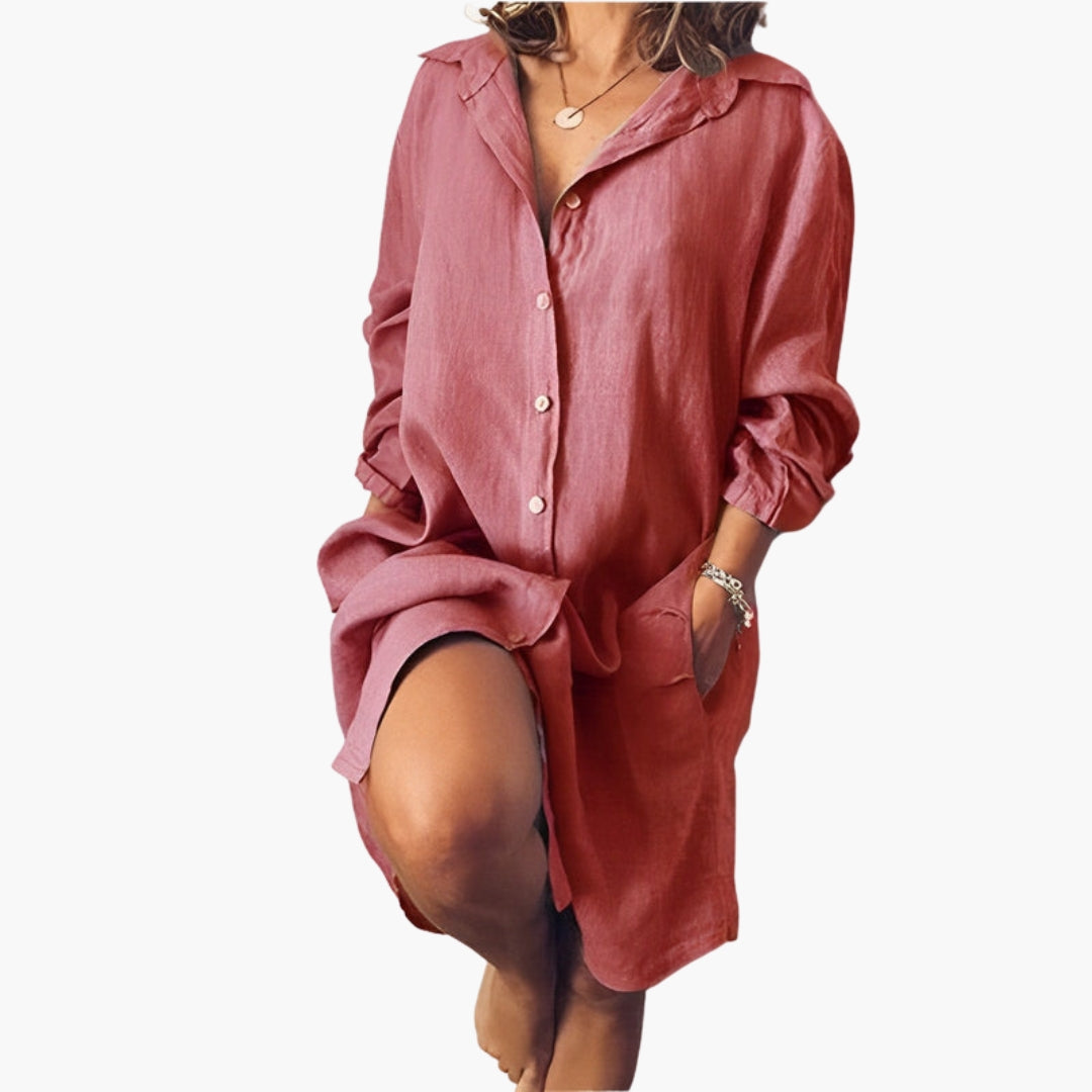 Long-Sleeve Shirt Dress with Side Pockets