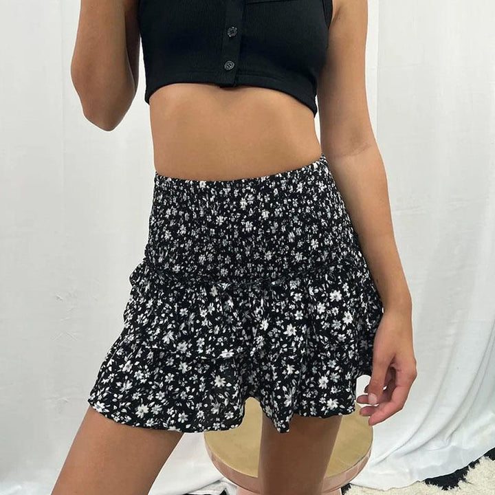 Printed Mini Skirt with Smocked Waist and Tiered Ruffle Hem