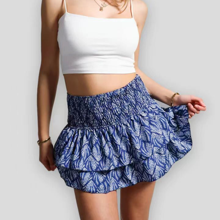 Printed Mini Skirt with Smocked Waist and Tiered Ruffle Hem
