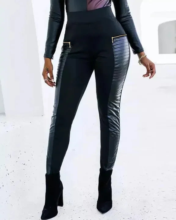 Pantalon en cuir taille haute pour femme | Pantalon noir ajusté