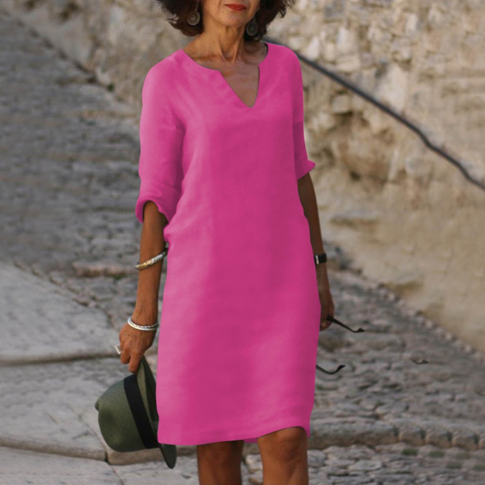 Linen-Blend Shift Dress with V-Neckline