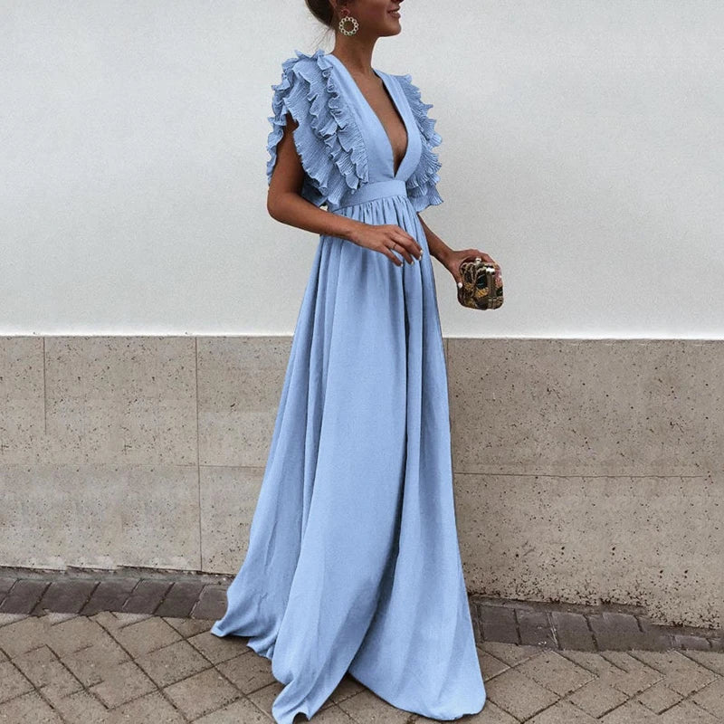 Women's Ruffle Trim Plunge Neck Maxi Dress
