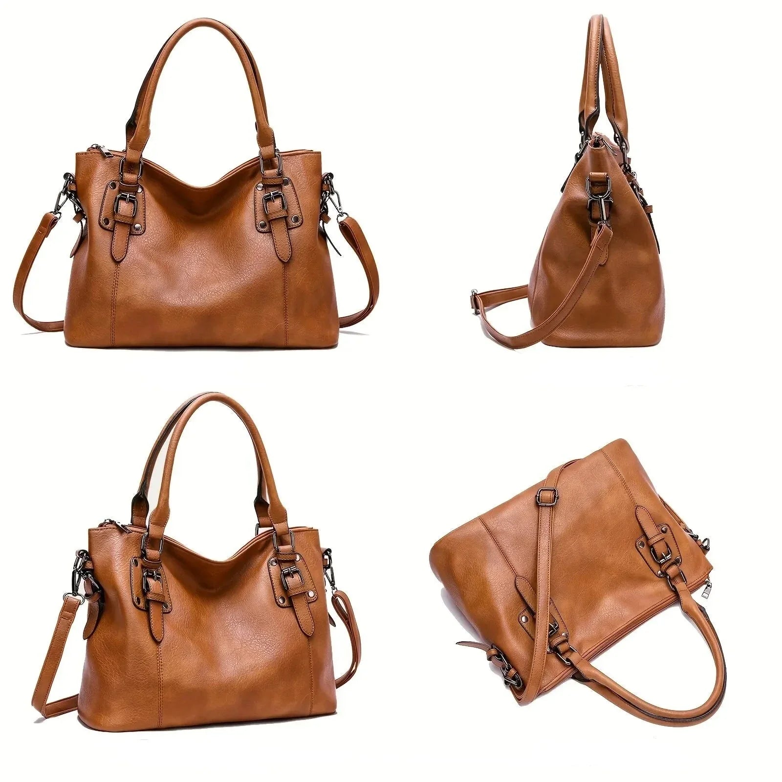 Tote Bag in Faux Leather with Buckle Hardware Trim