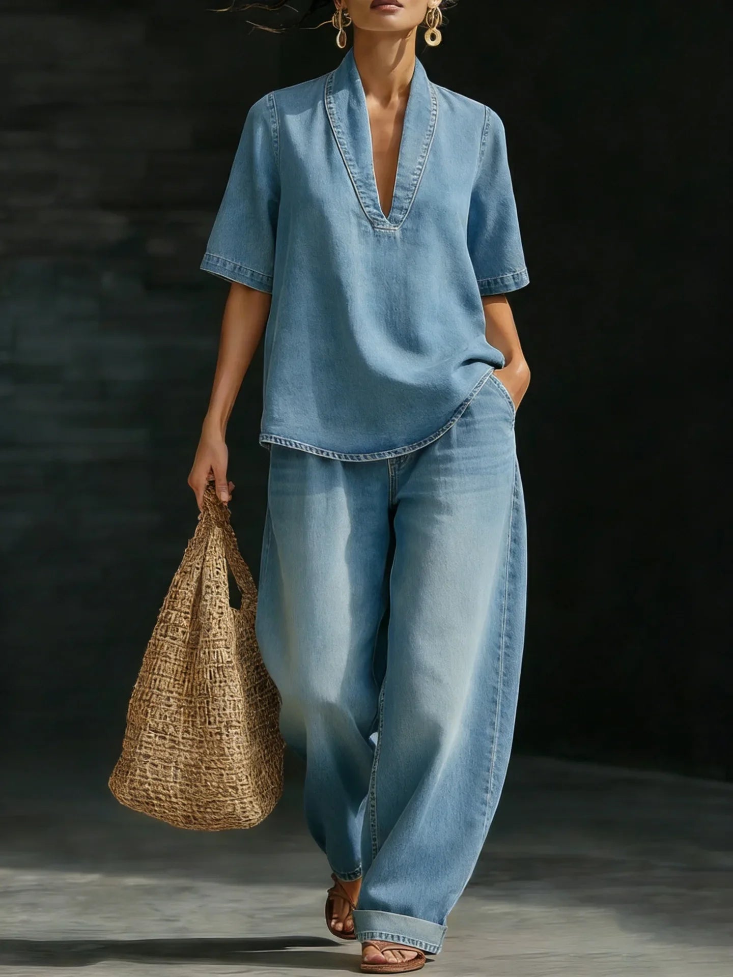 Denim-Look Top and Wide-Leg Trouser Set