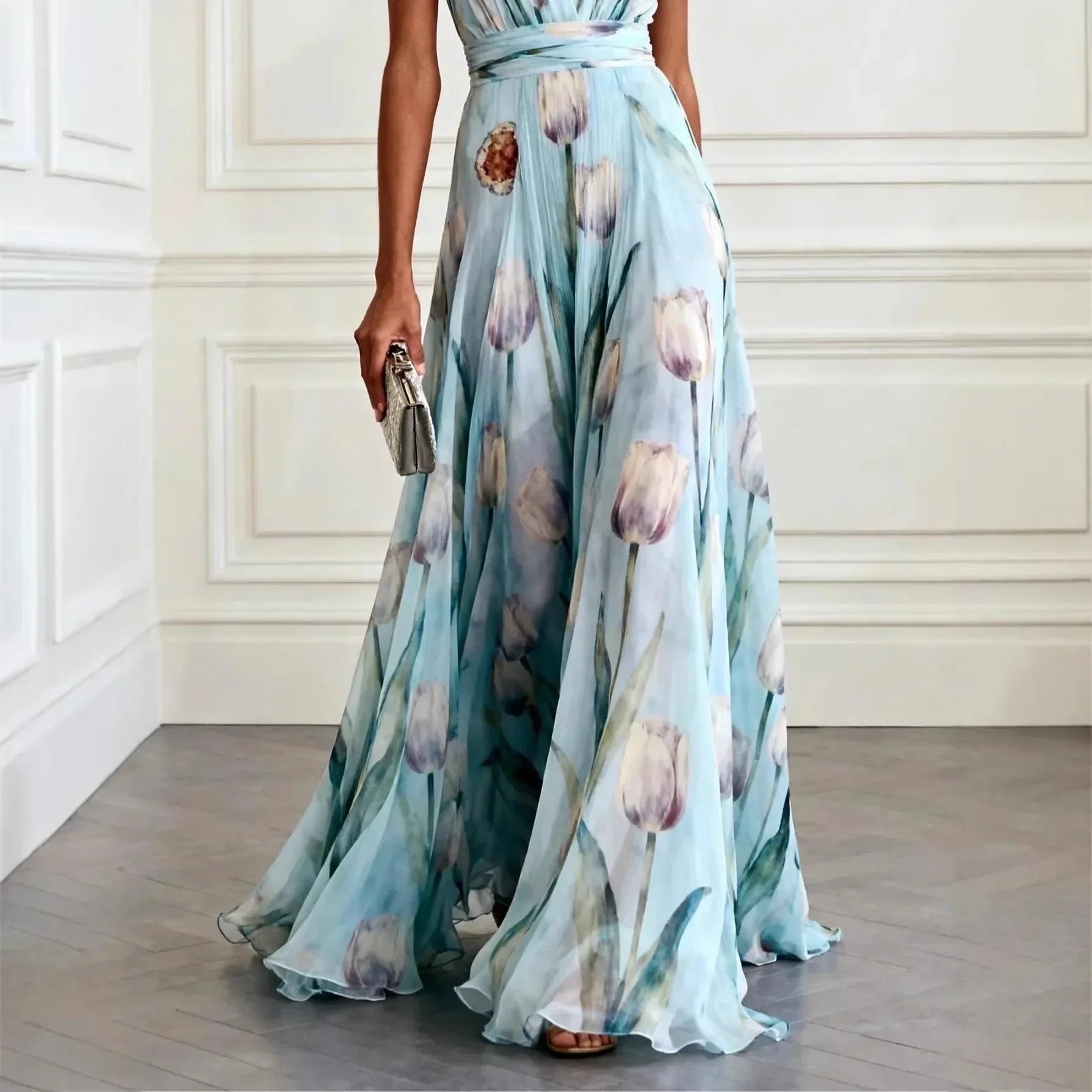 Chiffon Maxi Dress with V-Neck and Flutter Sleeves