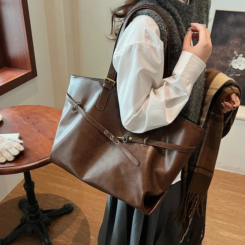 Tote Bag in Faux Leather with Crossed Buckle Strap Detail