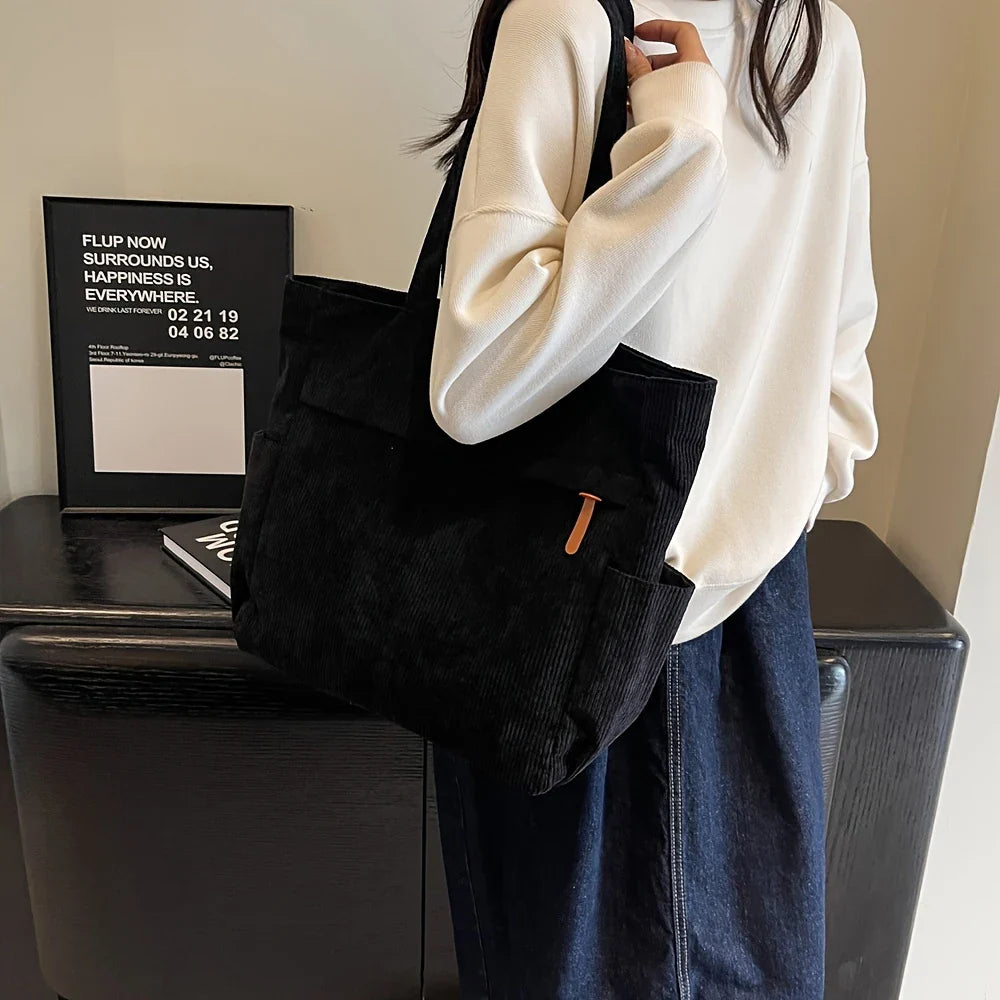 Tote Bag in Corduroy with Side Pocket for Everyday Use