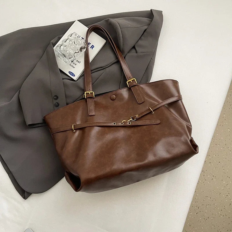 Tote Bag in Faux Leather with Crossed Buckle Strap Detail