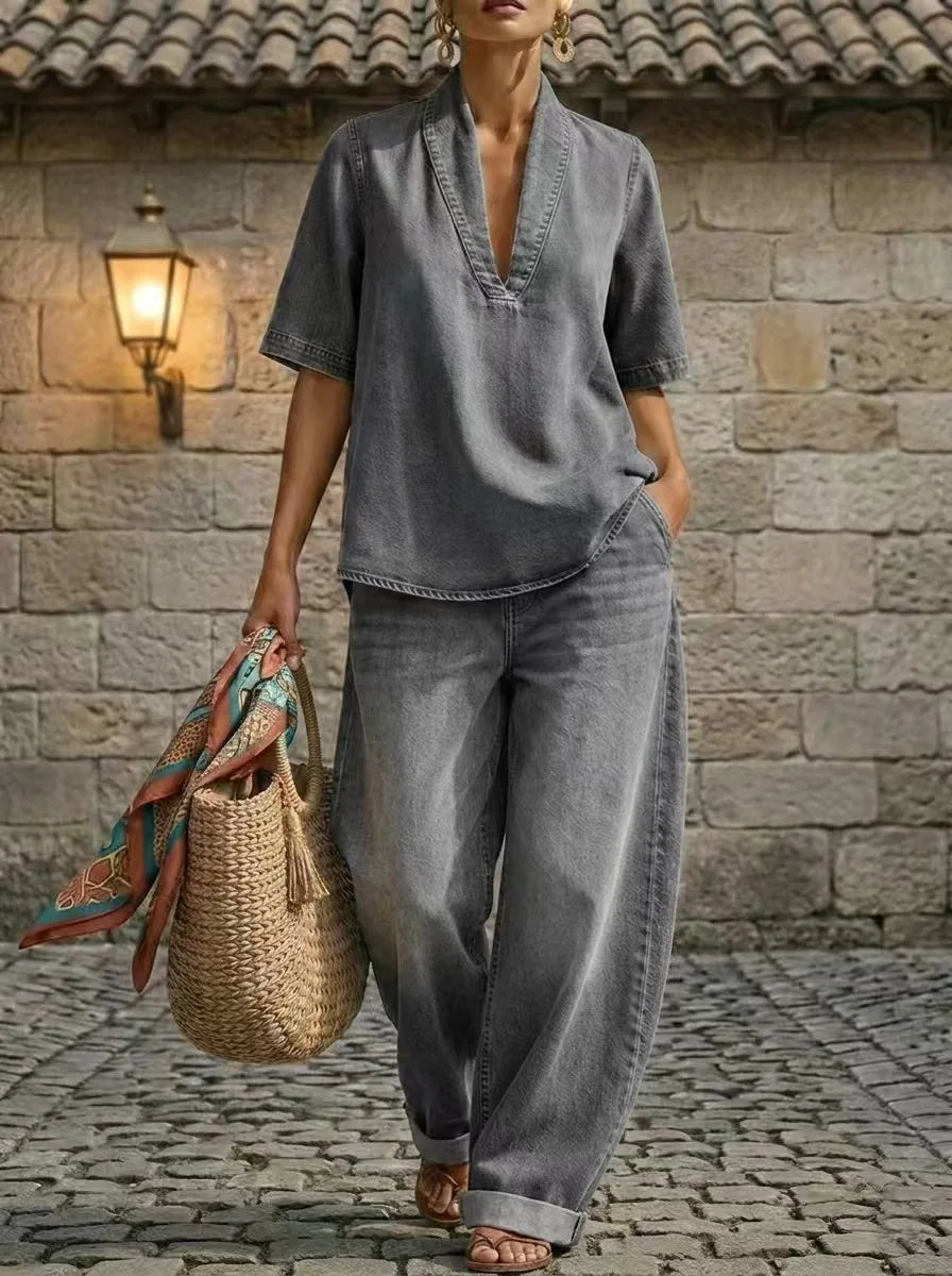Denim-Look Top and Wide-Leg Trouser Set