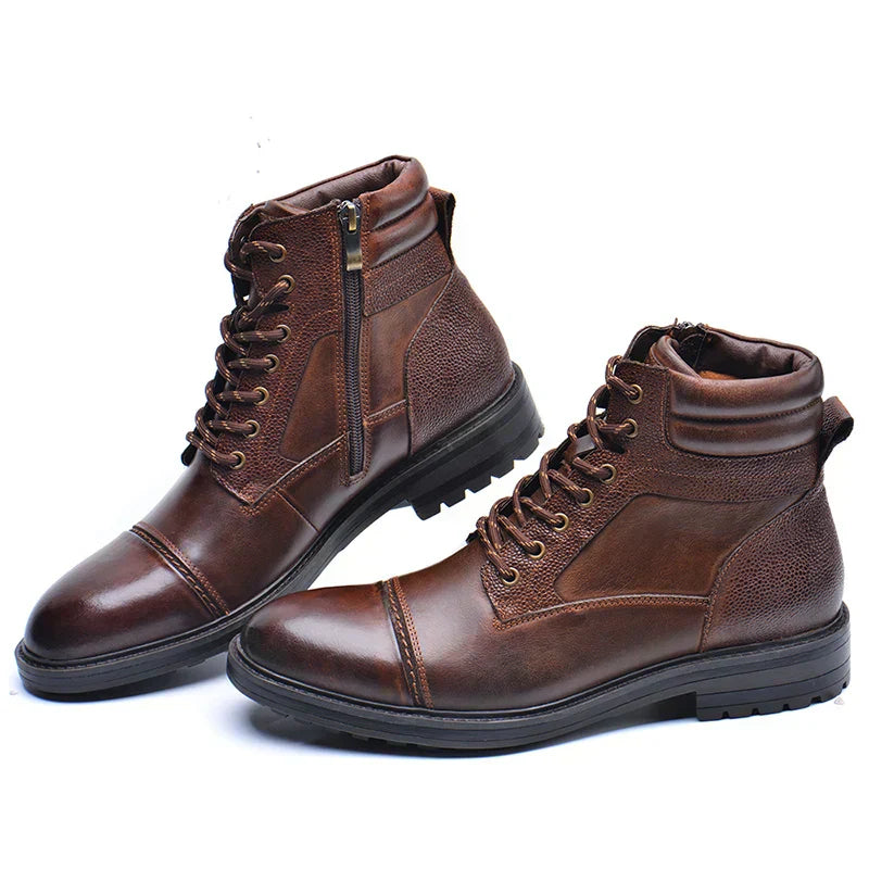 Leather Ankle Boots with Side Zip and Cap Toe