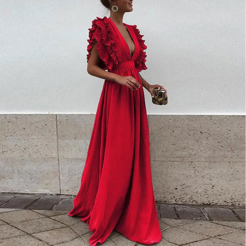 Women's Ruffle Trim Plunge Neck Maxi Dress