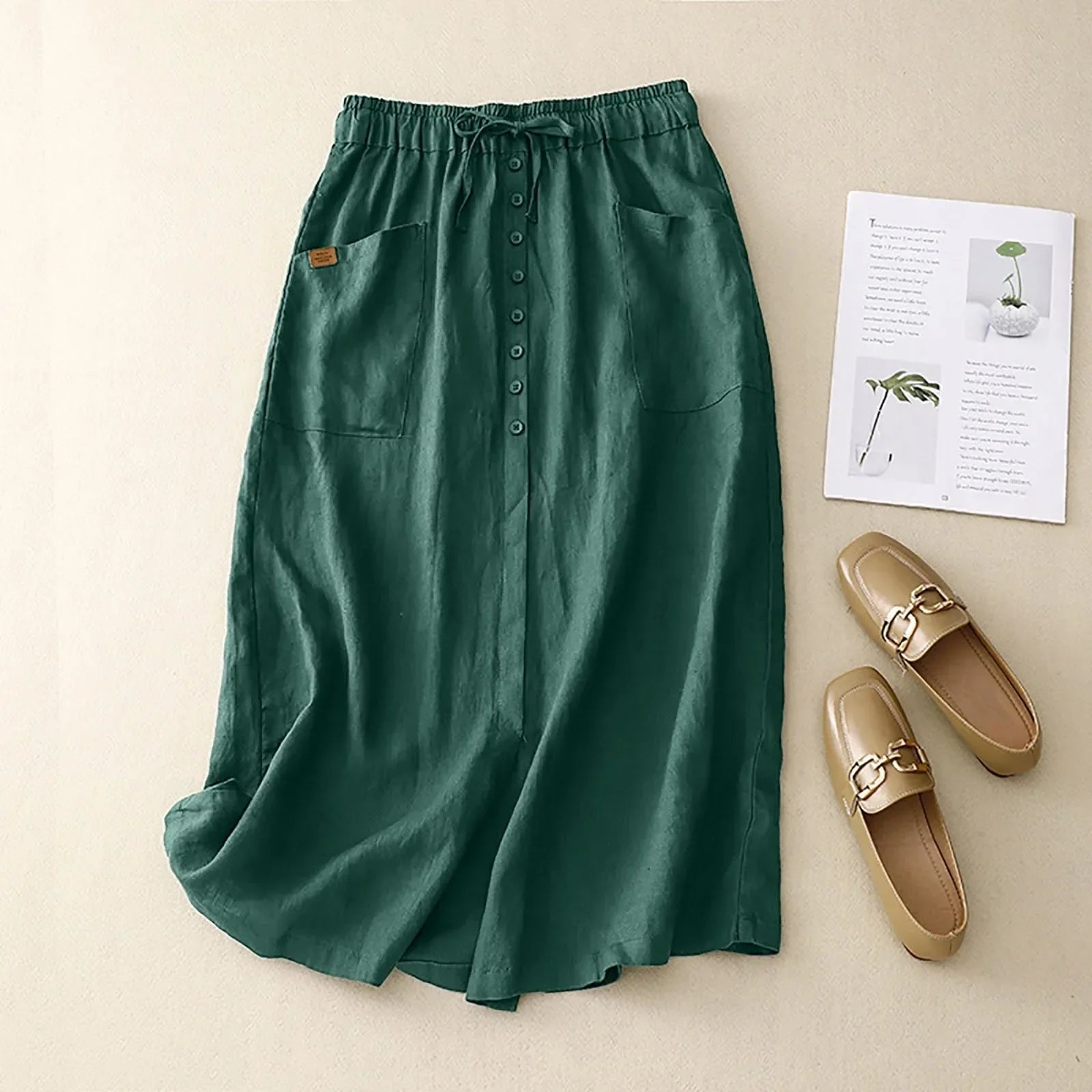 Women's Linen Blend Button Front Midi Skirt