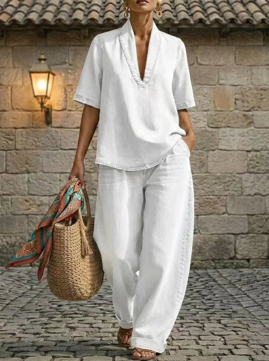 Denim-Look Top and Wide-Leg Trouser Set