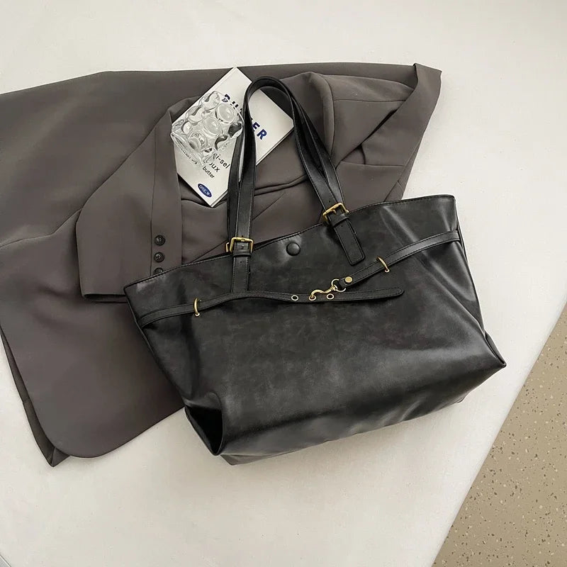 Tote Bag in Faux Leather with Crossed Buckle Strap Detail
