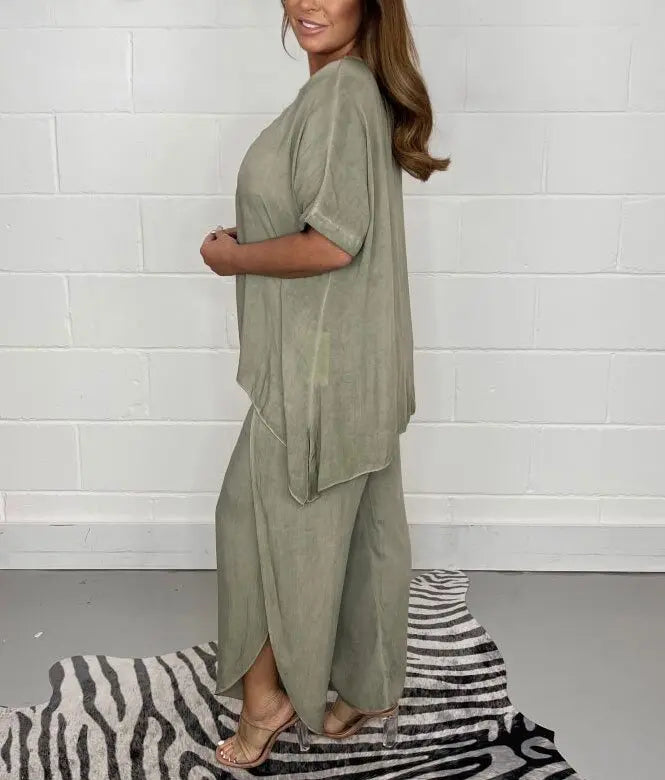 Ensemble deux pièces pour femme en mélange de lin, avec top et pantalon large
