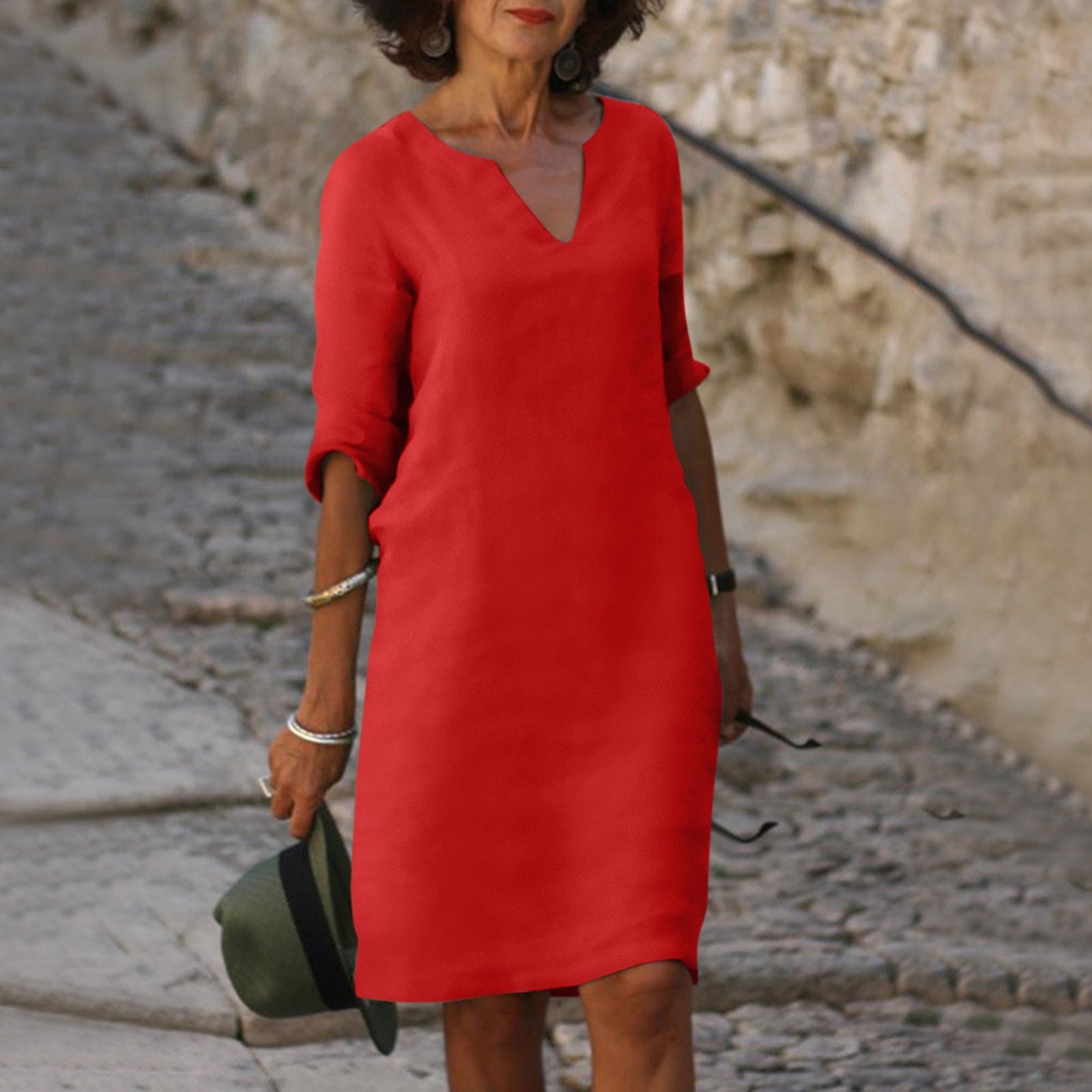 Linen-Blend Shift Dress with V-Neckline