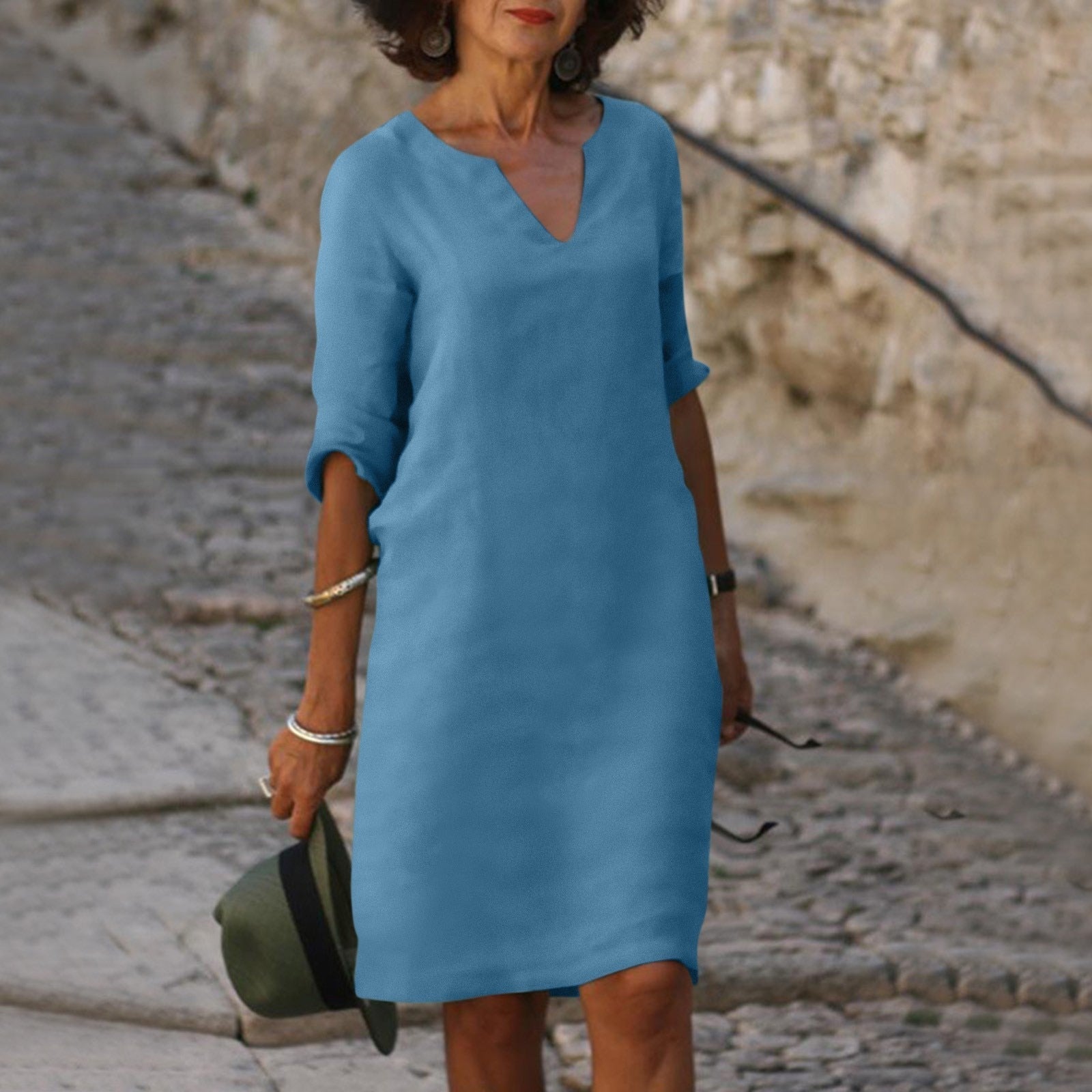 Linen-Blend Shift Dress with V-Neckline