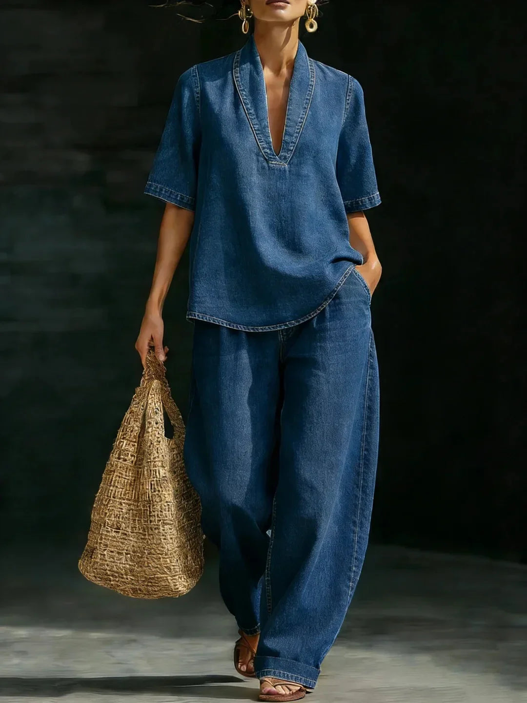 Denim-Look Top and Wide-Leg Trouser Set