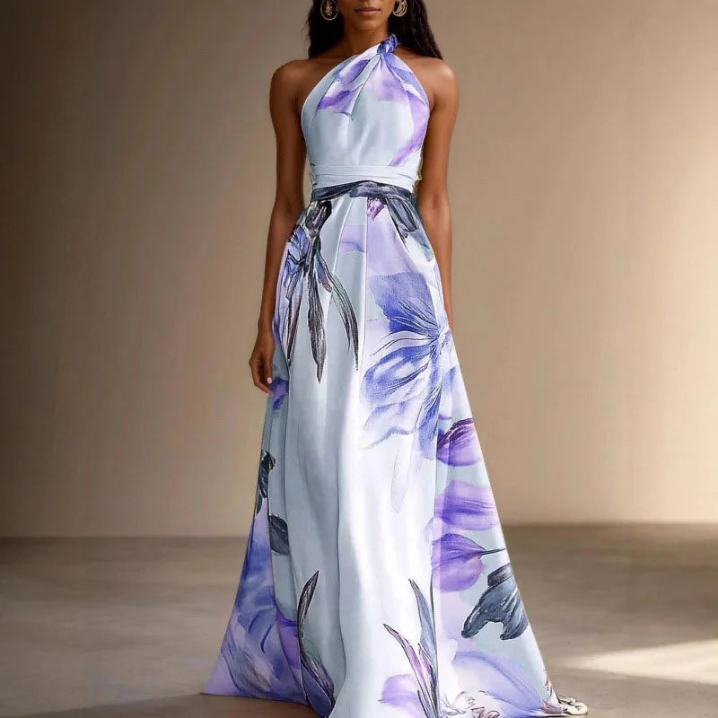 Women's Floral Halterneck Maxi Dress in Chiffon for Summer Occasions