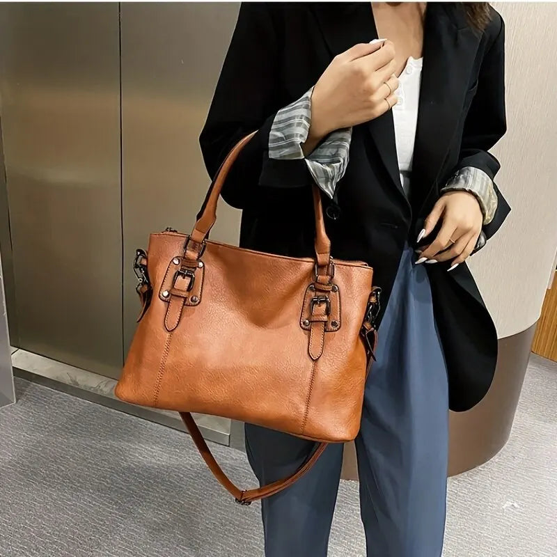 Tote Bag in Faux Leather with Buckle Hardware Trim