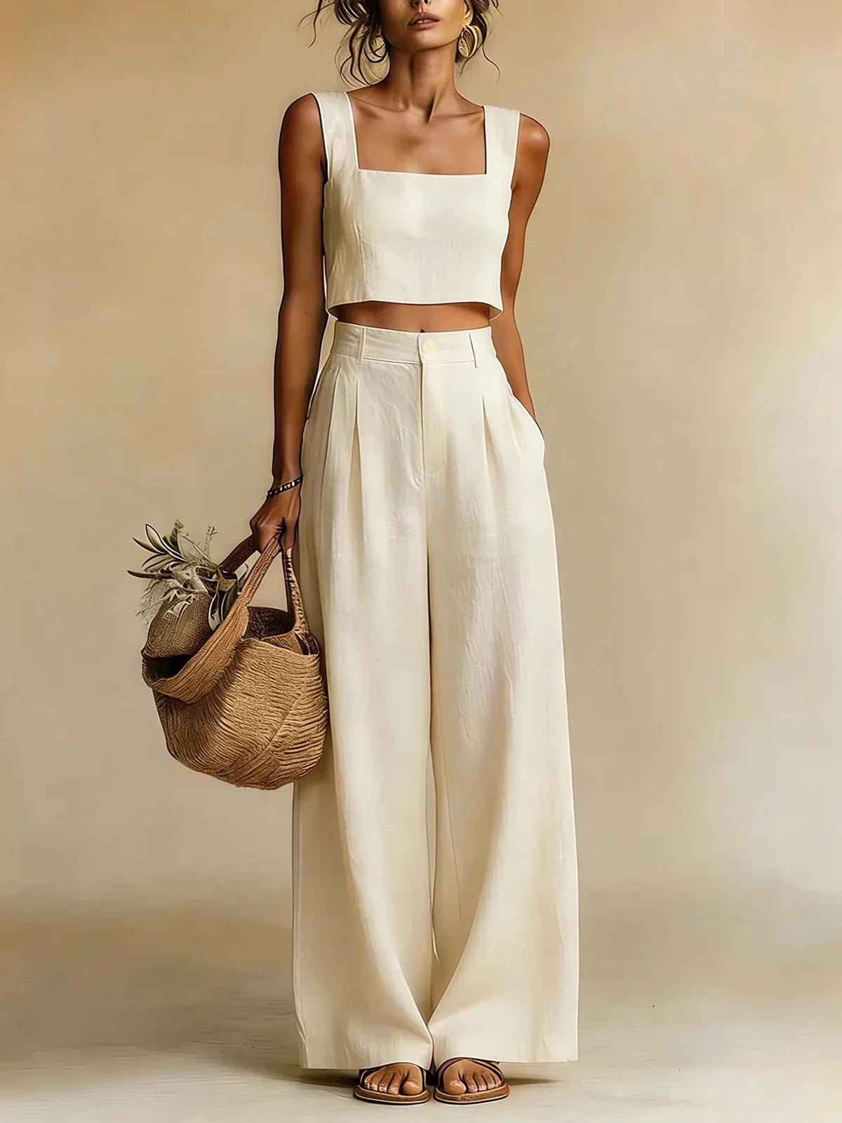 Square-Neck Crop Top and Wide-Leg Trouser Set