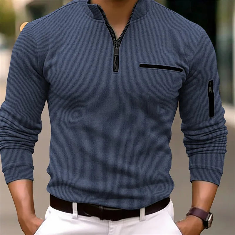 Pull côtelé pour homme à demi-zip avec poches zippées