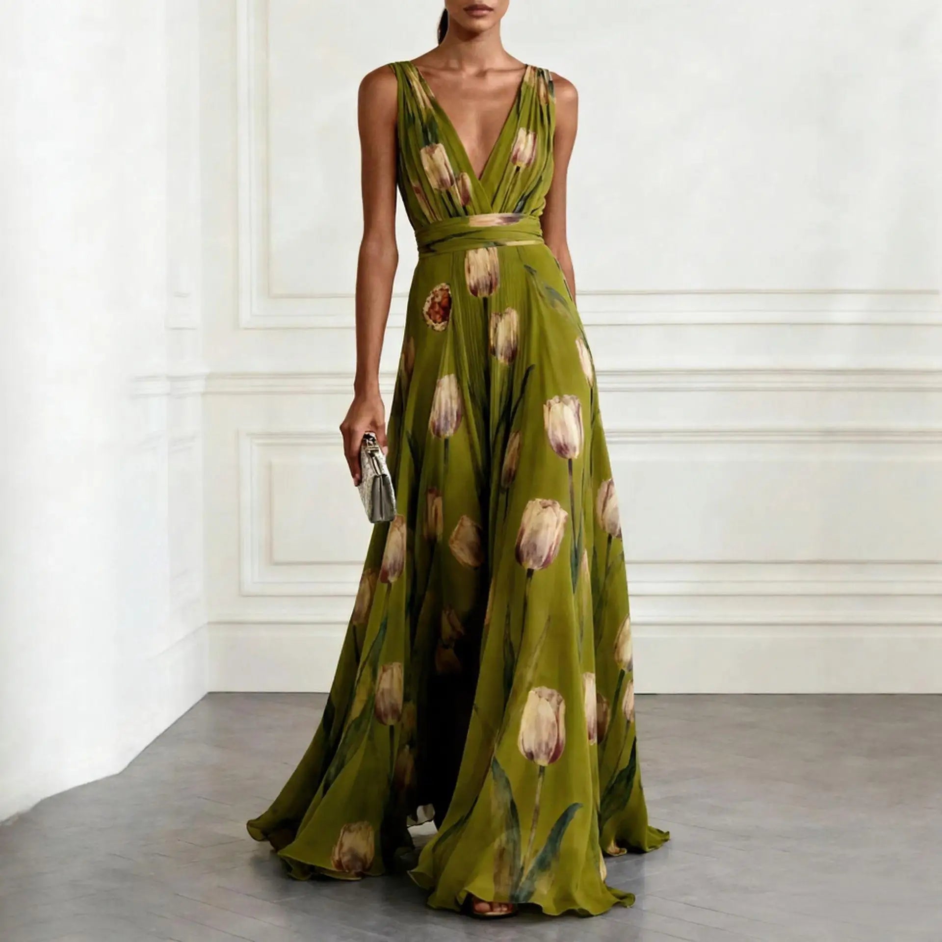 Chiffon Maxi Dress with V-Neck and Flutter Sleeves