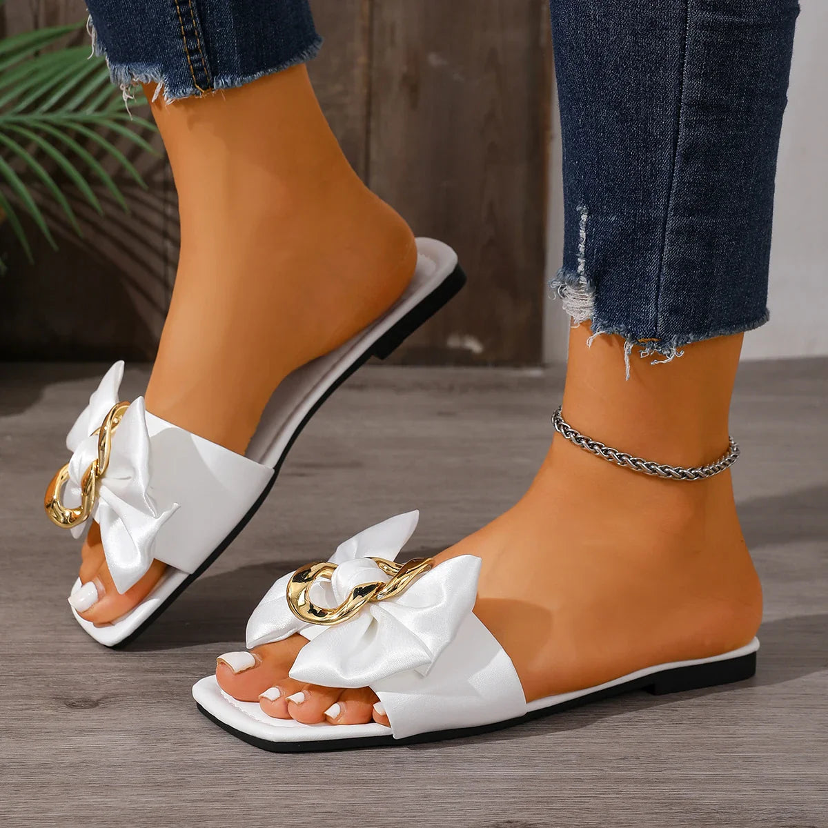 Slide Sandals with Bow Detail and Chain Buckle