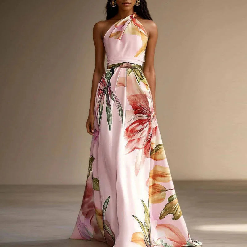 Women's Floral Halterneck Maxi Dress in Chiffon for Summer Occasions