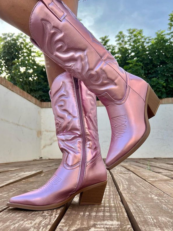 Embroidered Western Boots with Side Zip and Pointed Toe
