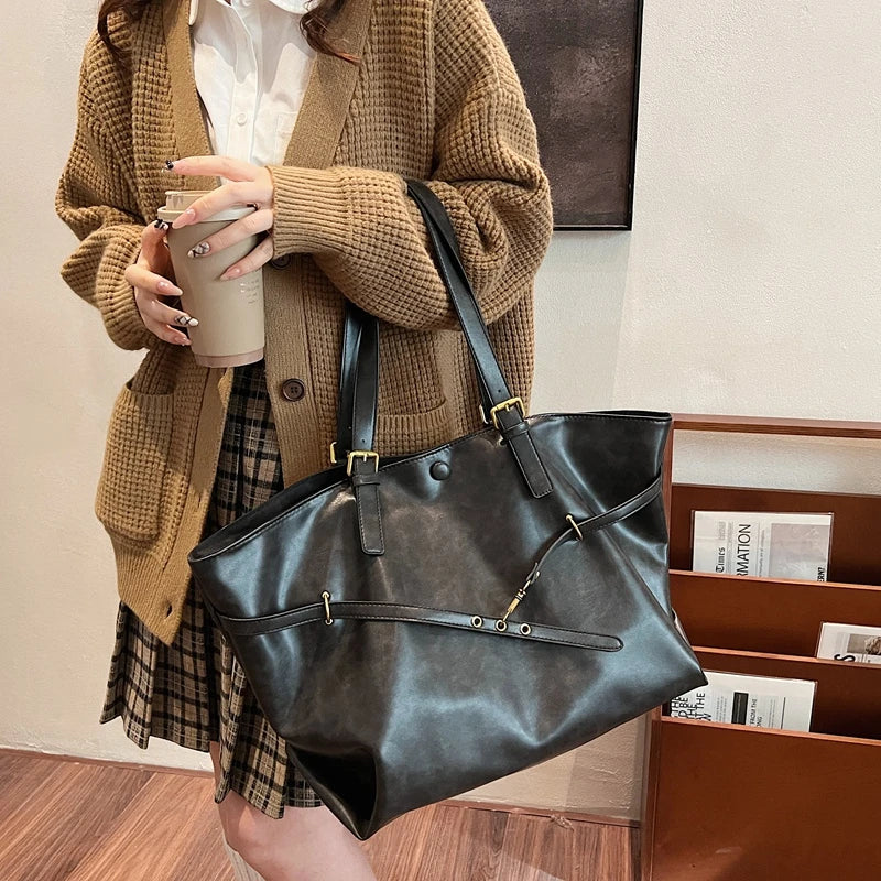 Tote Bag in Faux Leather with Crossed Buckle Strap Detail